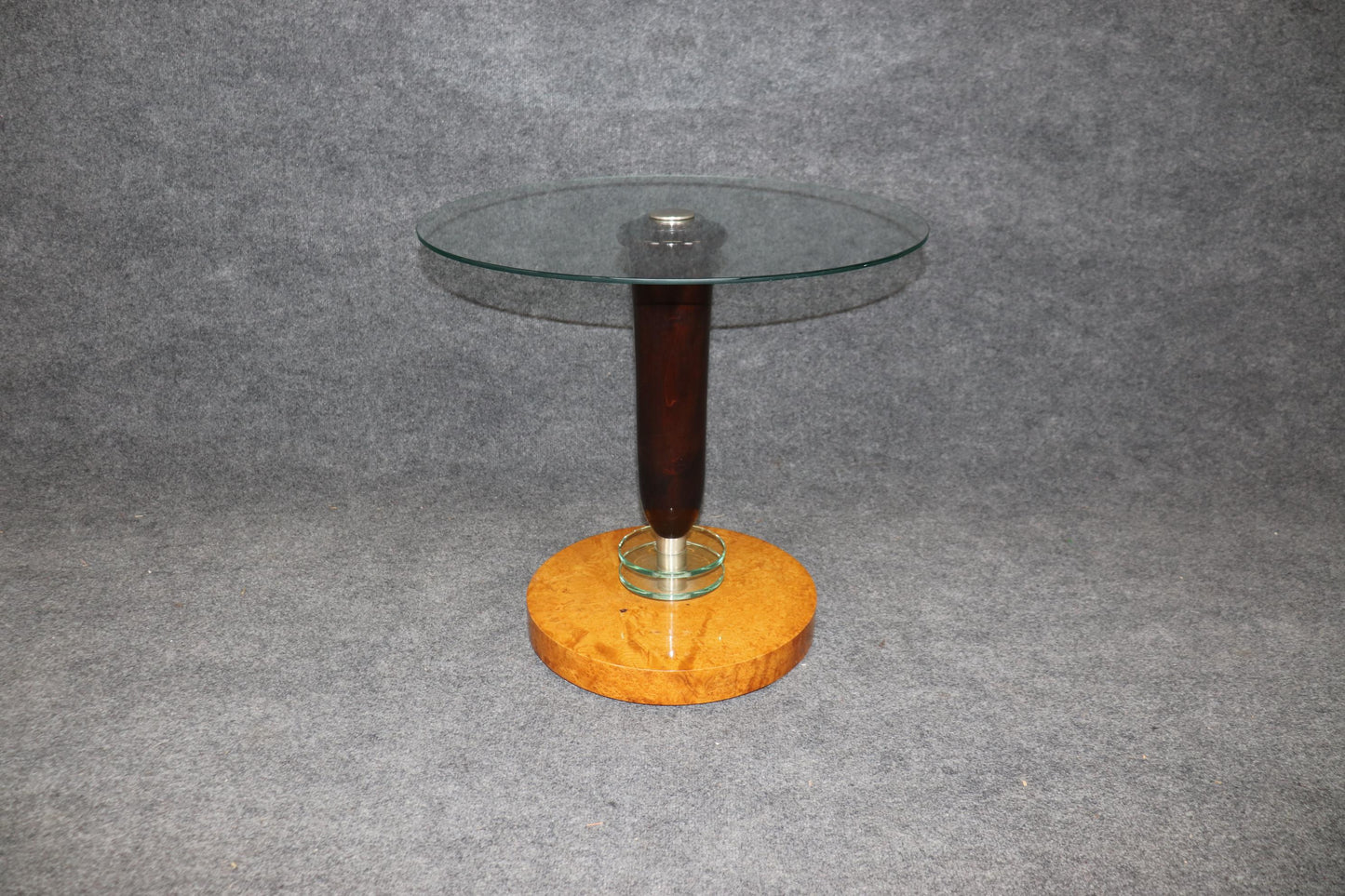 Superb Figured Polished Birch and Mahogany Glass Art Deco End Table