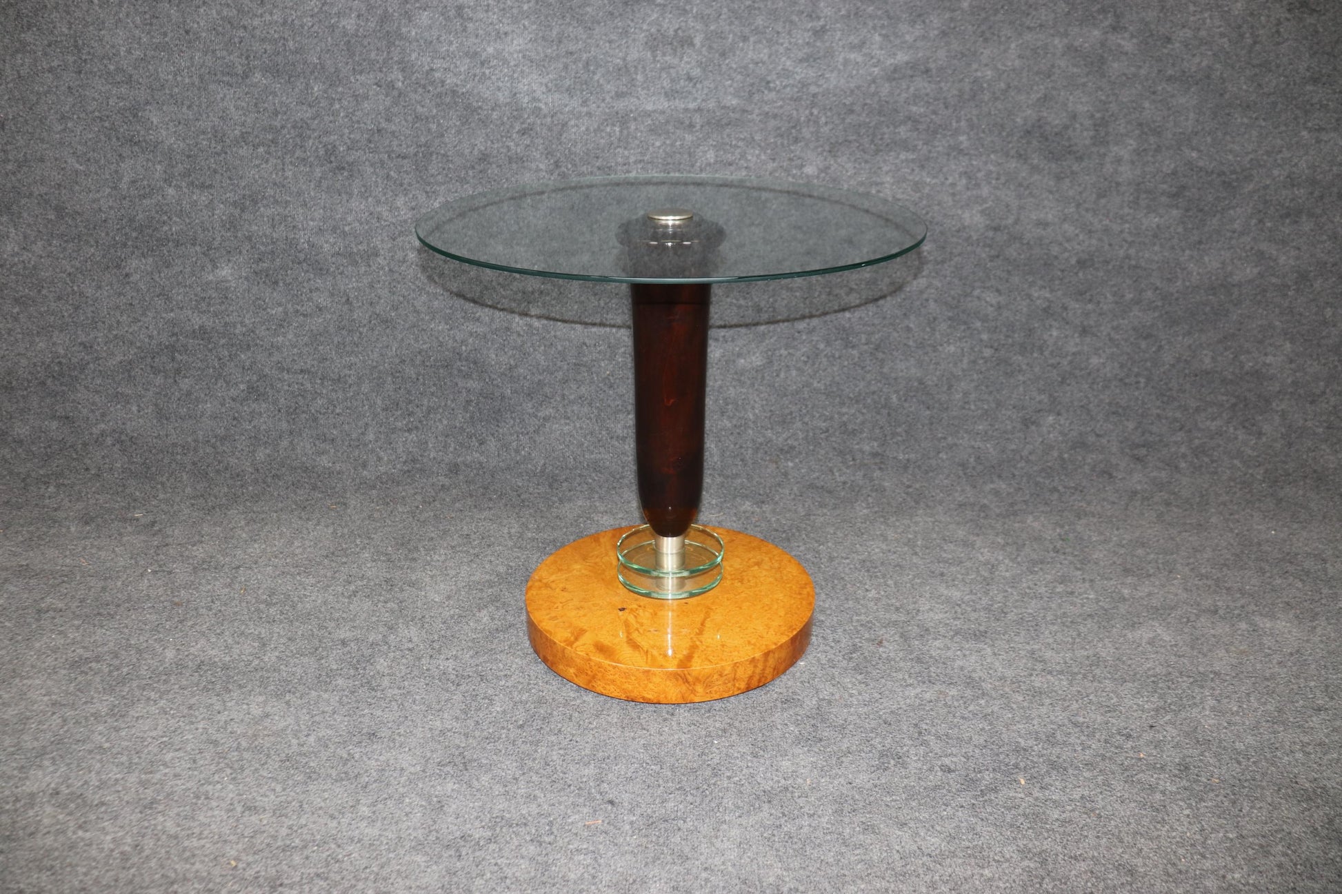 Superb Figured Polished Birch and Mahogany Glass Art Deco End Table