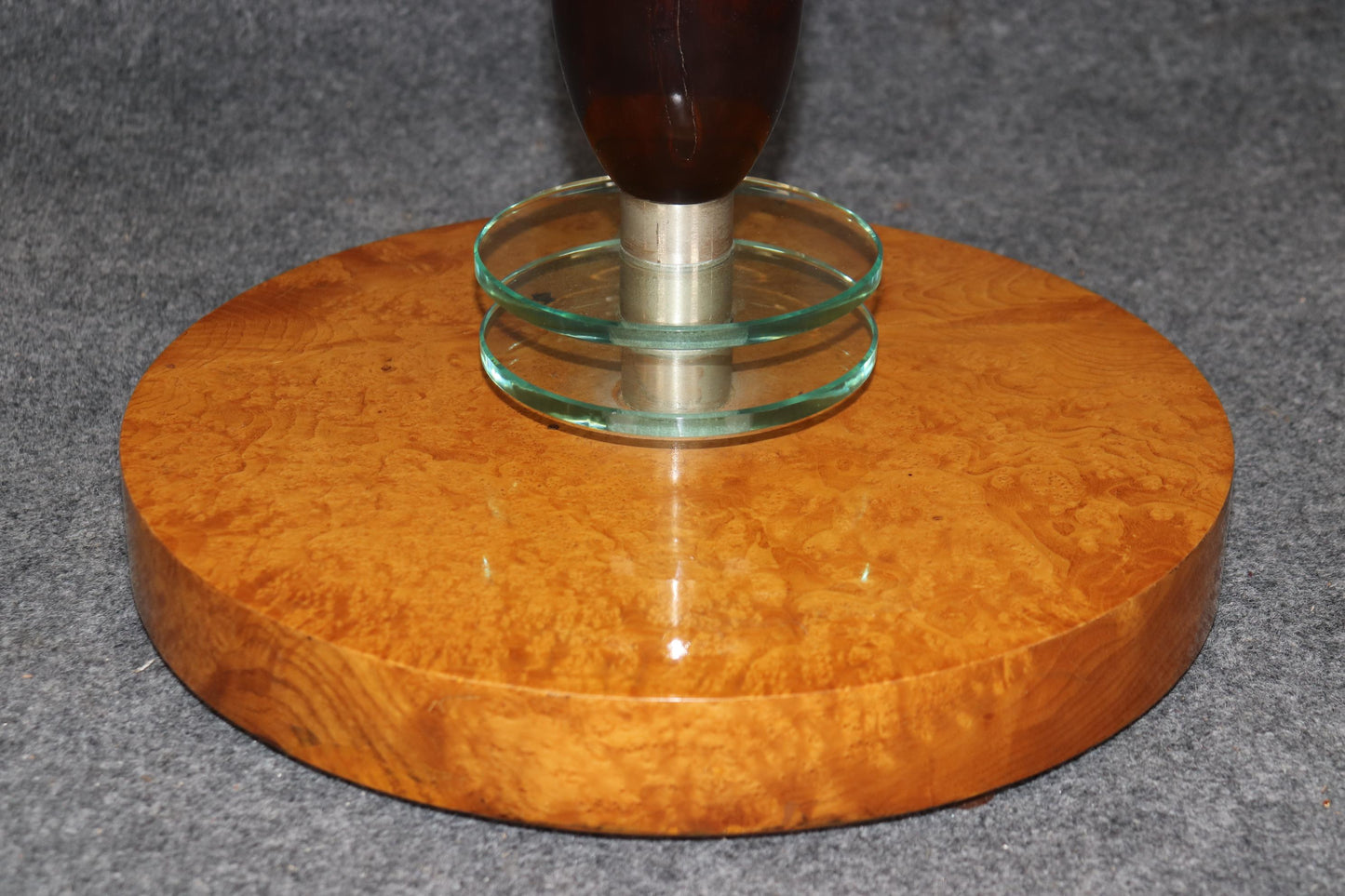 Superb Figured Polished Birch and Mahogany Glass Art Deco End Table