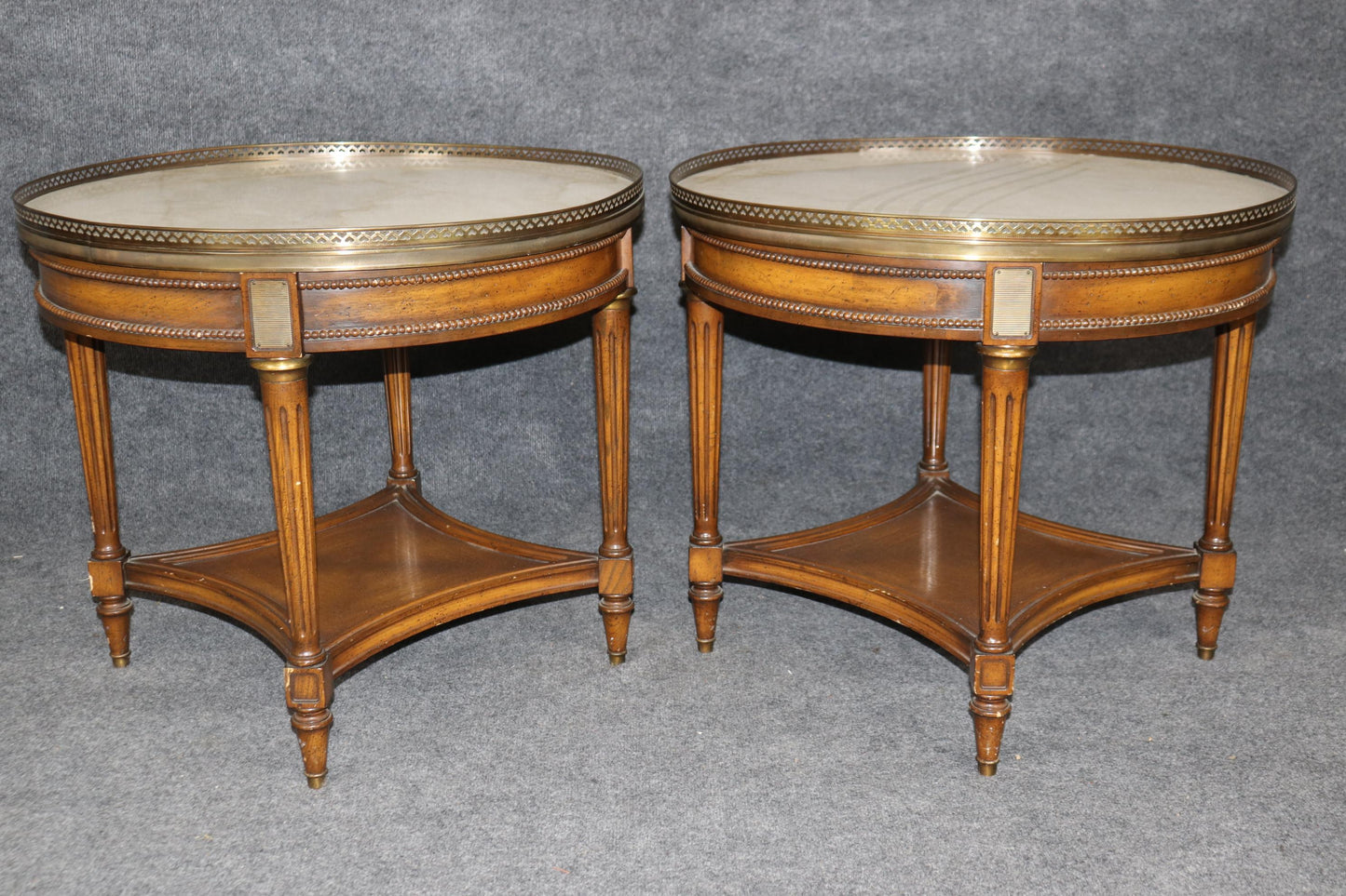 Rare Pair of Round Marble Top French Directoire Gueridons End Tables Circa 1950