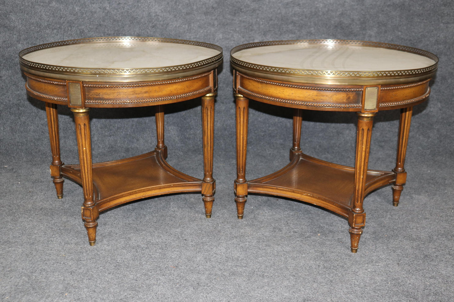 Rare Pair of Round Marble Top French Directoire Gueridons End Tables Circa 1950