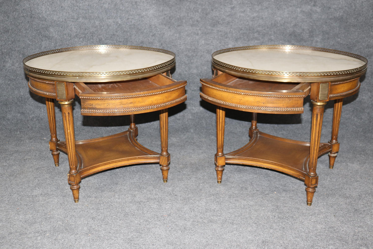 Rare Pair of Round Marble Top French Directoire Gueridons End Tables Circa 1950