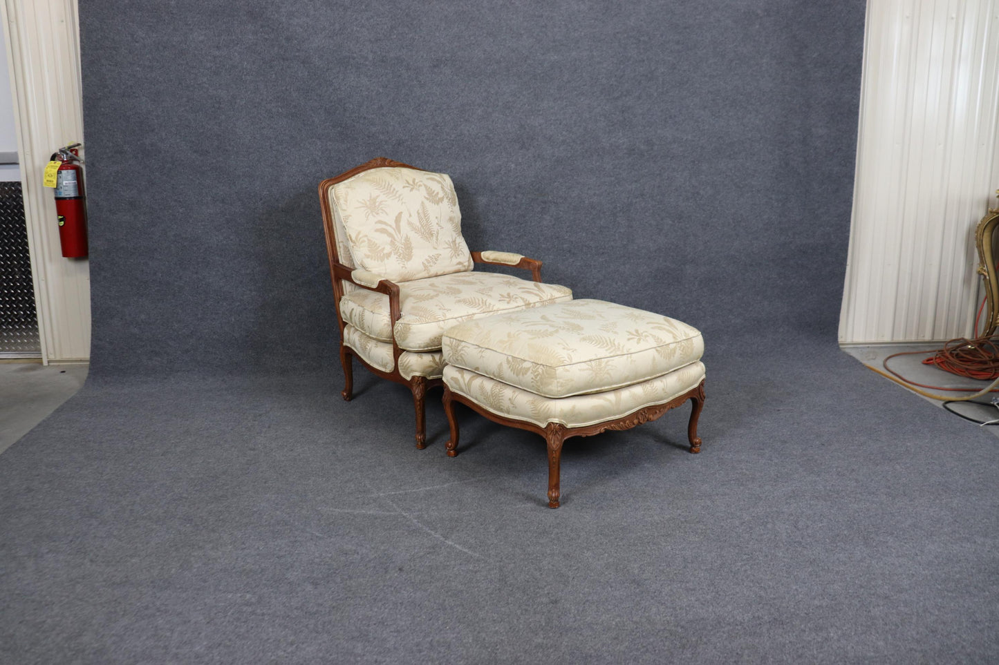 Baker Furniture Company Carved Walnut French Louis XV Style Arm Chair  & Ottoman