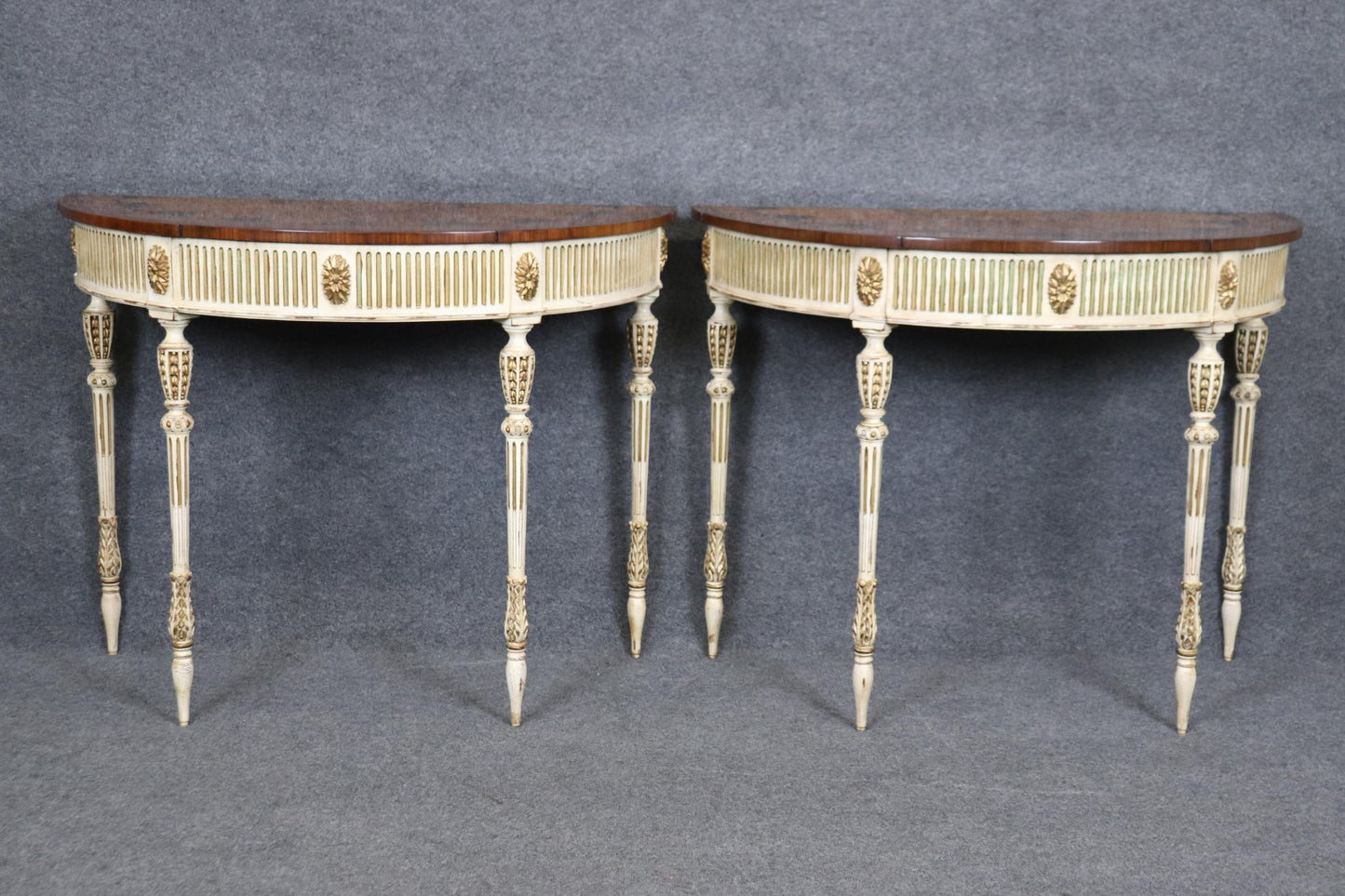 Pair of E.J. Victor Paint Decorated Inlaid Adams Paint Decorated Console Tables