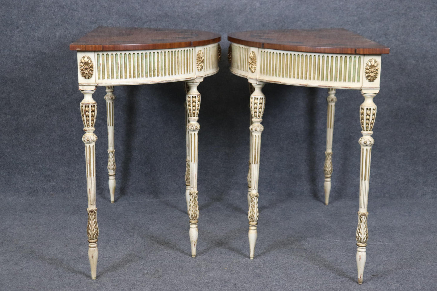 Pair of E.J. Victor Paint Decorated Inlaid Adams Paint Decorated Console Tables