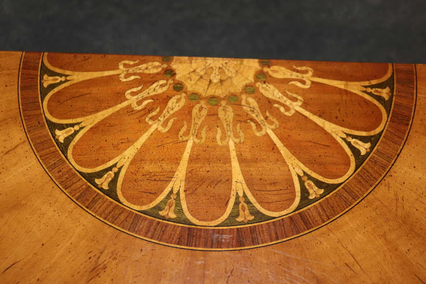 Pair of E.J. Victor Paint Decorated Inlaid Adams Paint Decorated Console Tables