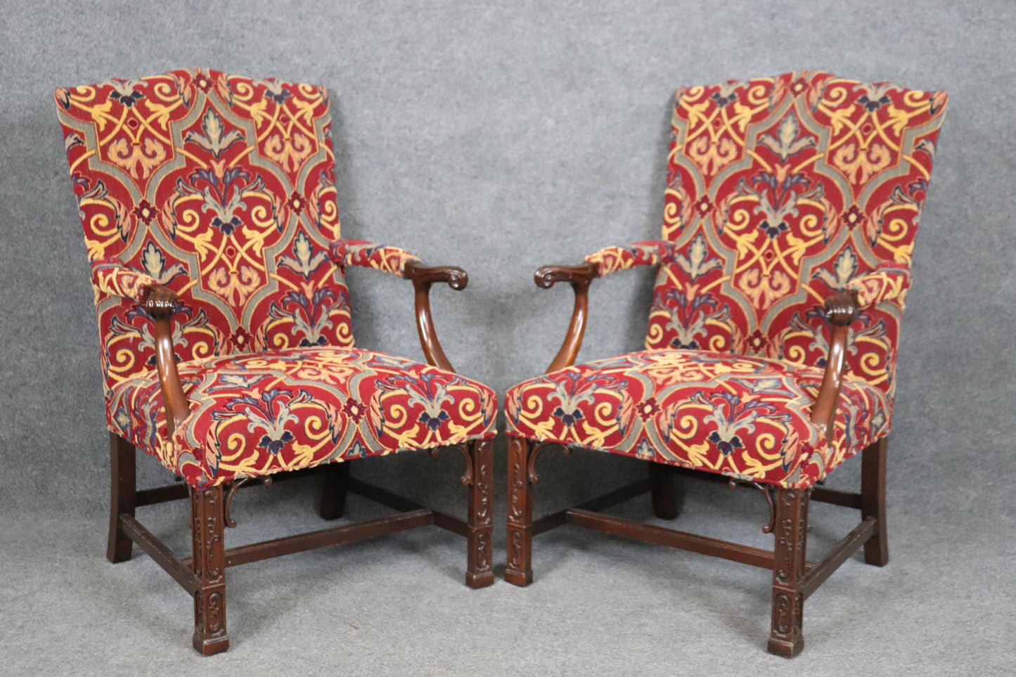 Pair of Solid Mahogany Blind Fretwork Chinese Chippendale Armchairs By Southwood