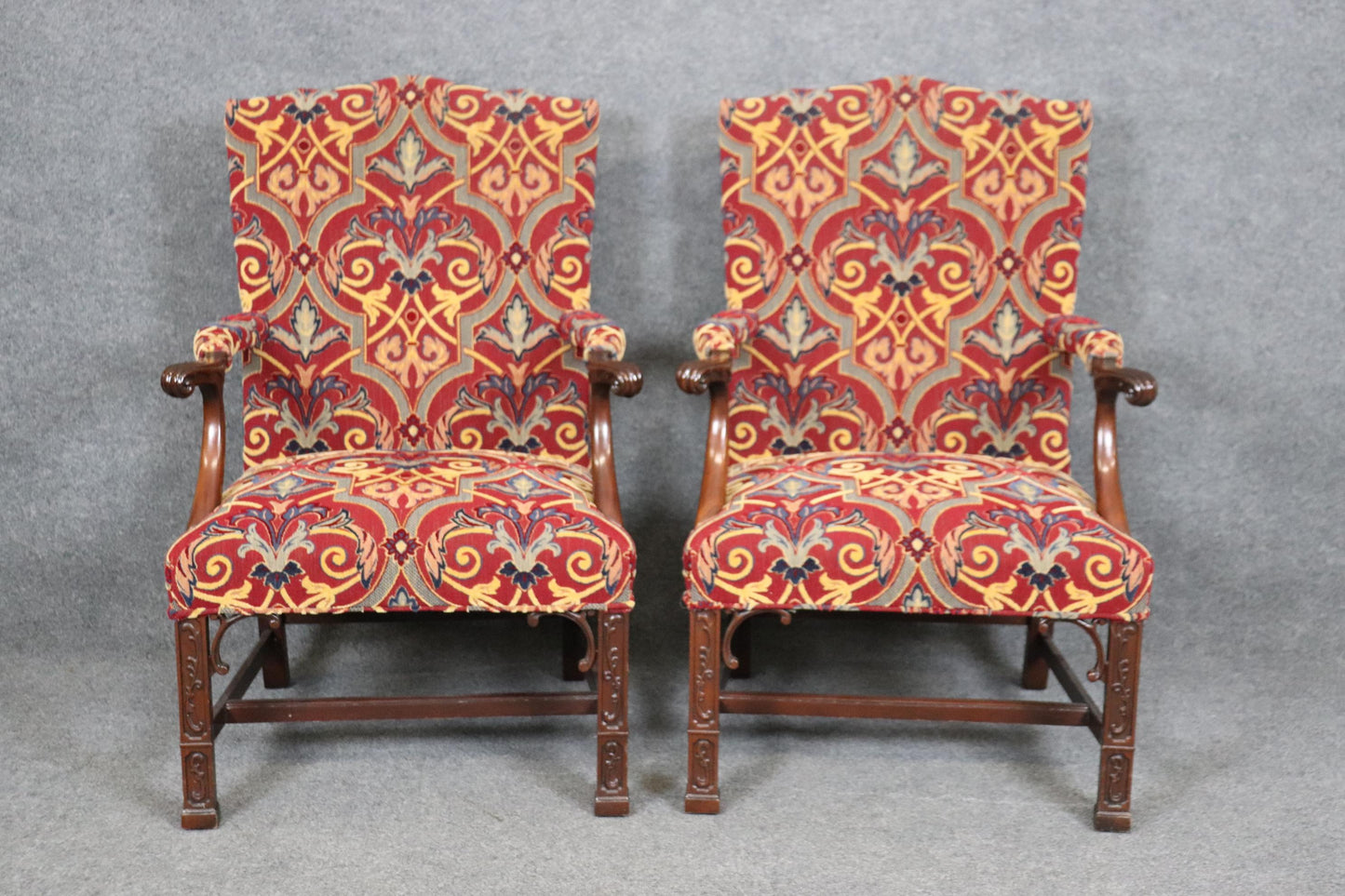 Pair of Solid Mahogany Blind Fretwork Chinese Chippendale Armchairs By Southwood