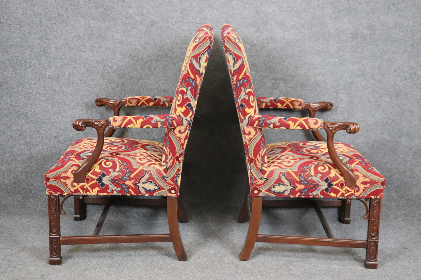 Pair of Solid Mahogany Blind Fretwork Chinese Chippendale Armchairs By Southwood