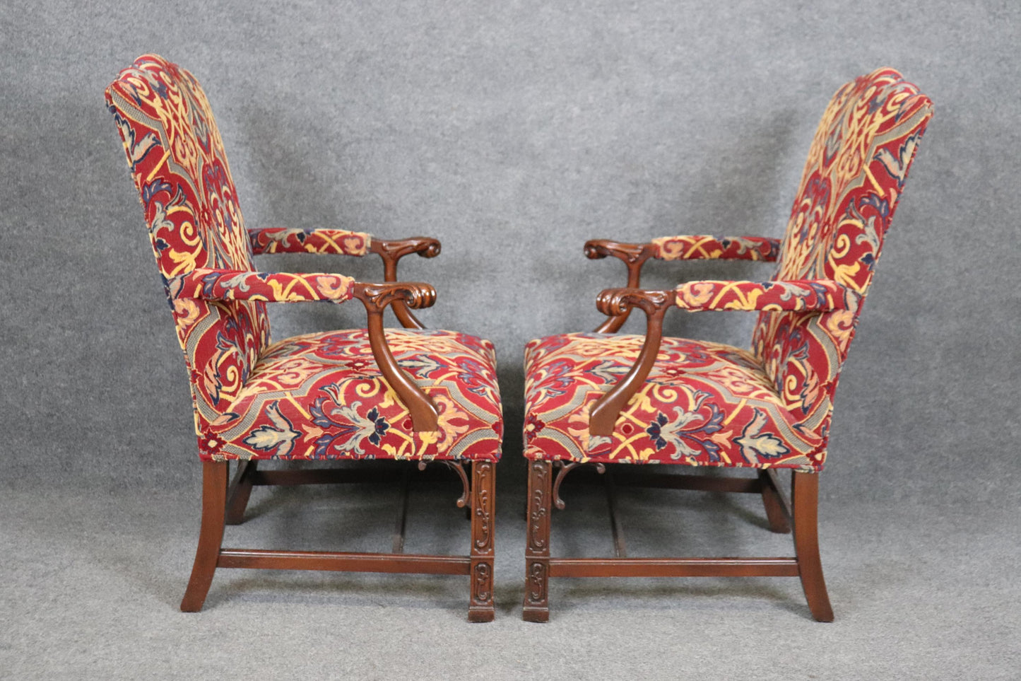 Pair of Solid Mahogany Blind Fretwork Chinese Chippendale Armchairs By Southwood