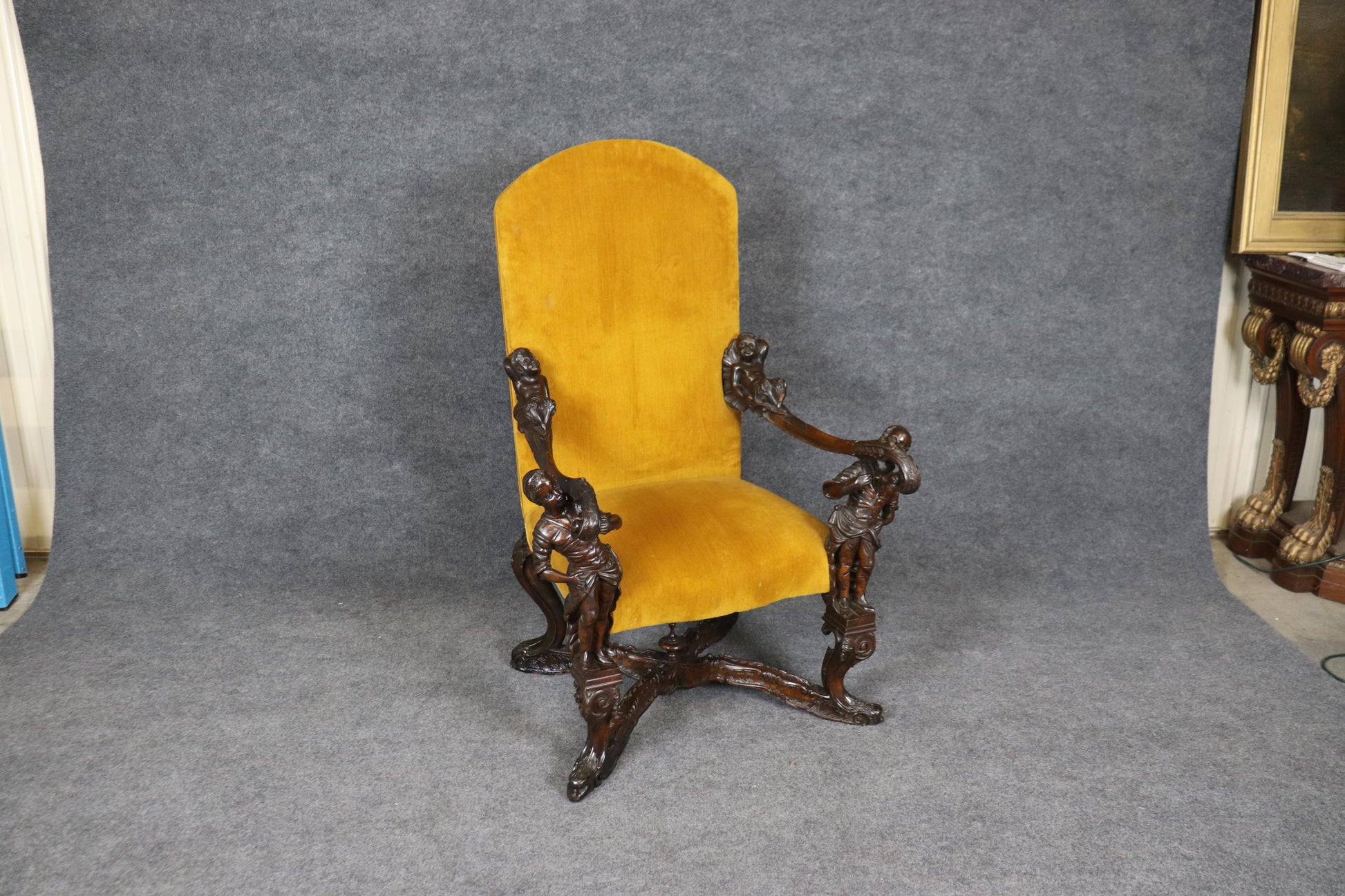 Antique 1920s era Figural Carved Mahogany Throne Chair Manner Andrea Brustolon