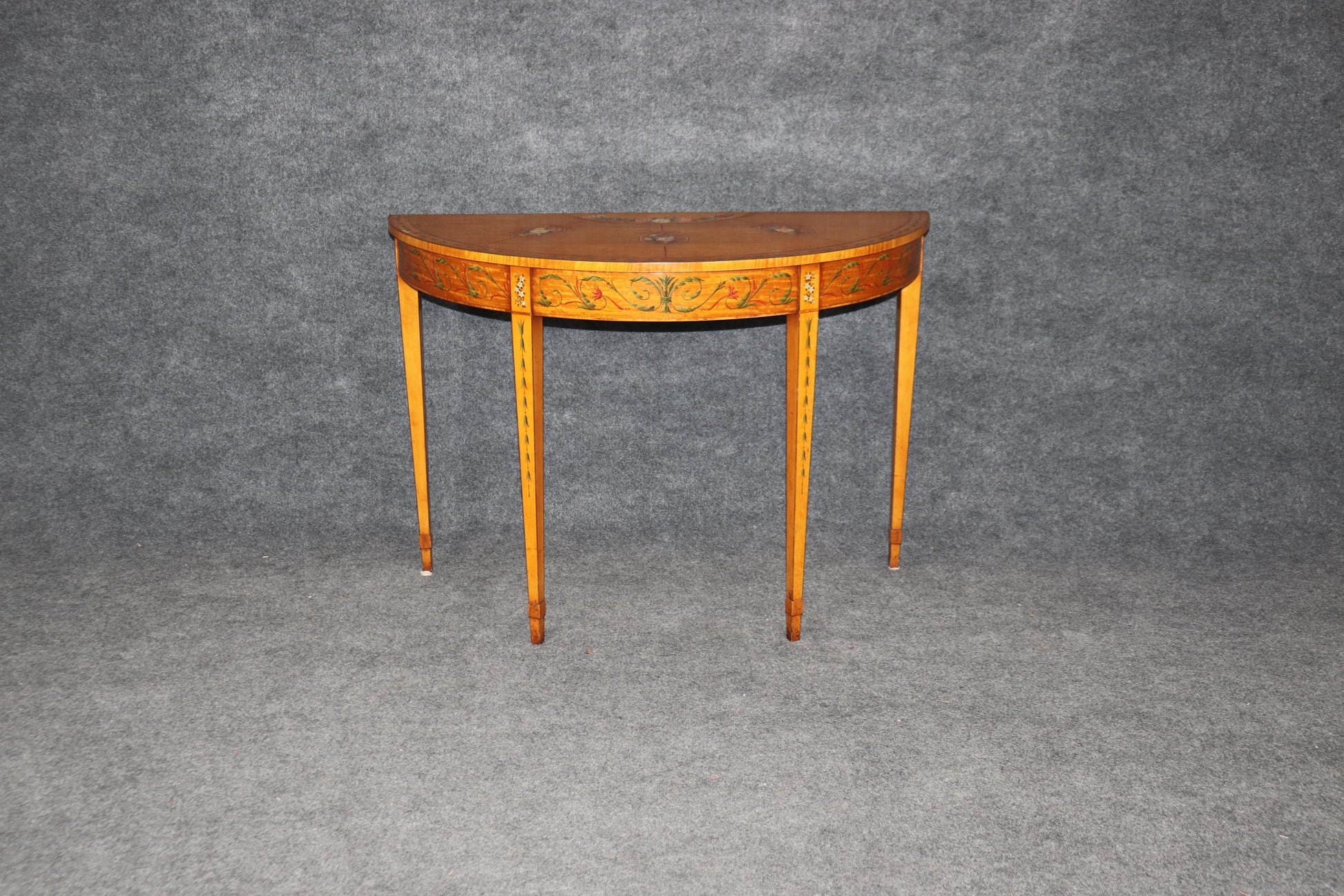 Adams Style Paint Decorated English Satinwood Demilune Console Table