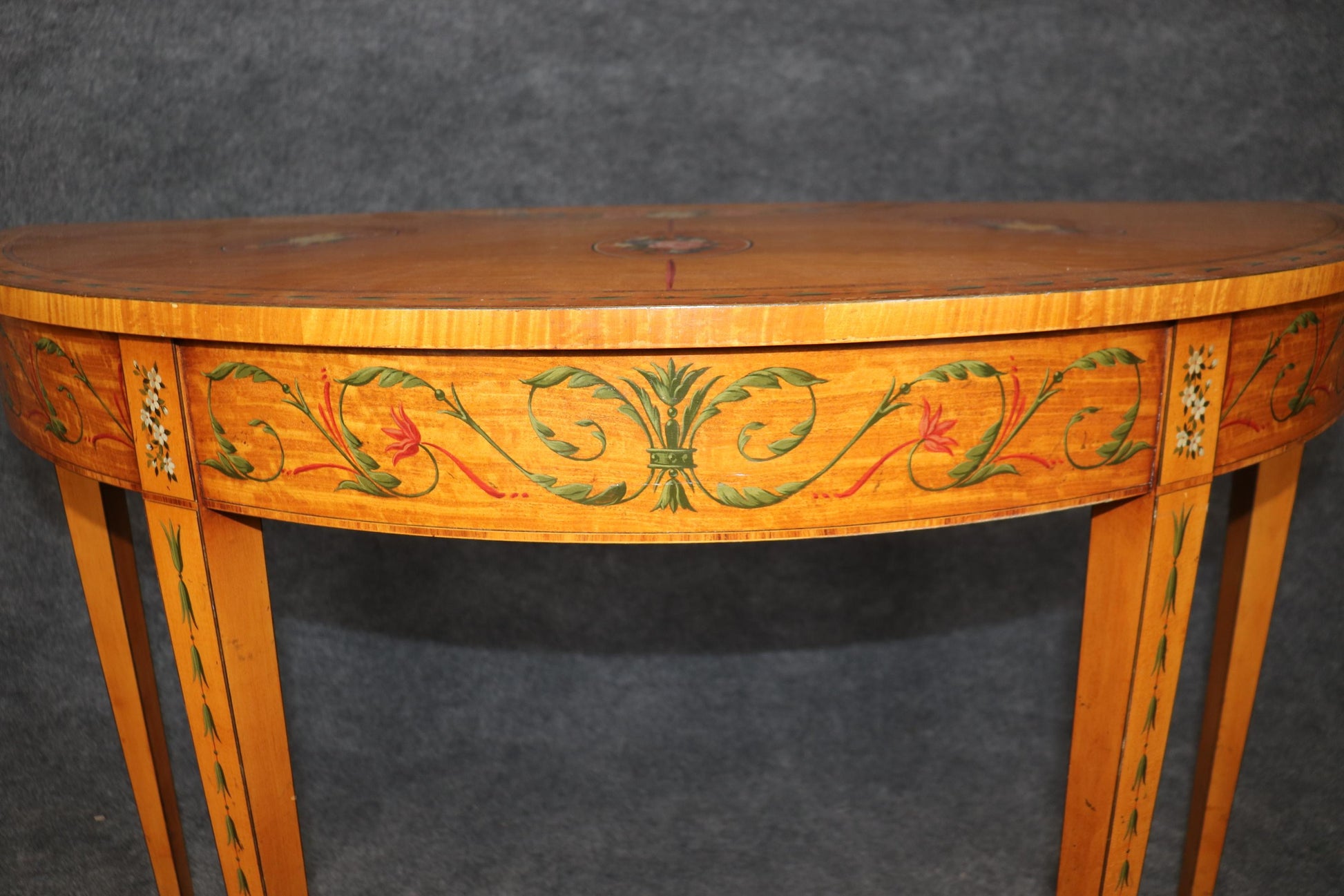 Adams Style Paint Decorated English Satinwood Demilune Console Table