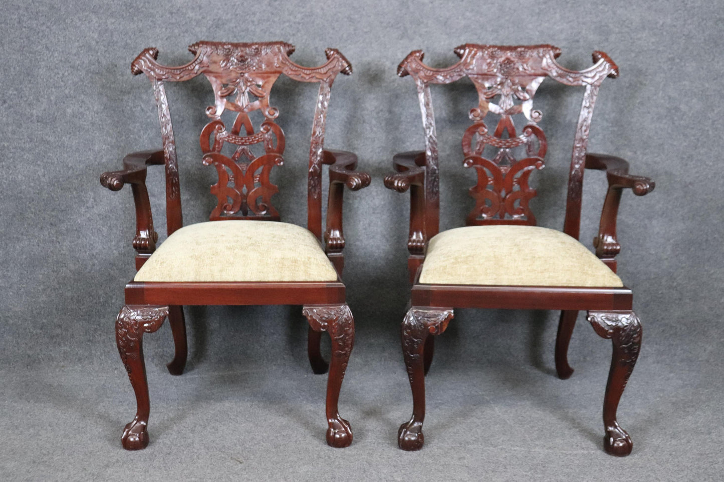 Set of 8 Spectacular Solid Mahogany Elaborately Carved Chippendale Dining Chairs