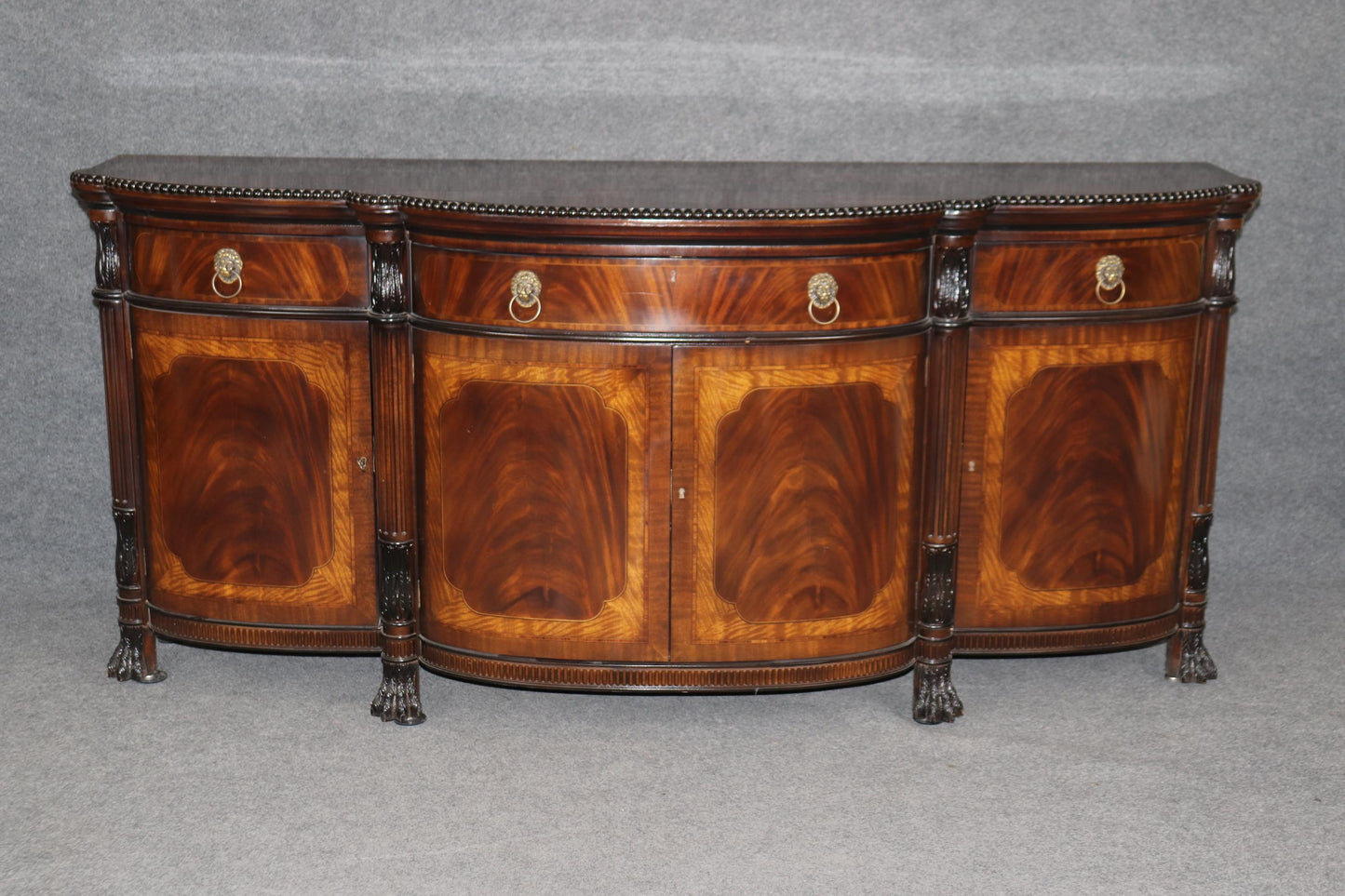 Extraordinary Grand Carved Flame Mahogany Georgian E.J. Victor Sideboard Server