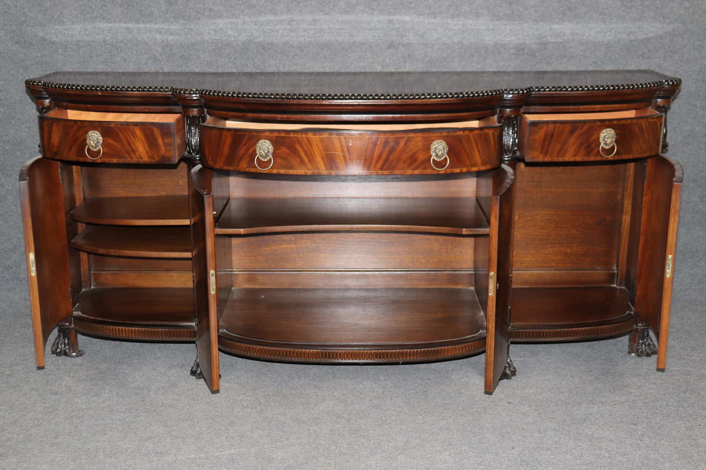 Extraordinary Grand Carved Flame Mahogany Georgian E.J. Victor Sideboard Server