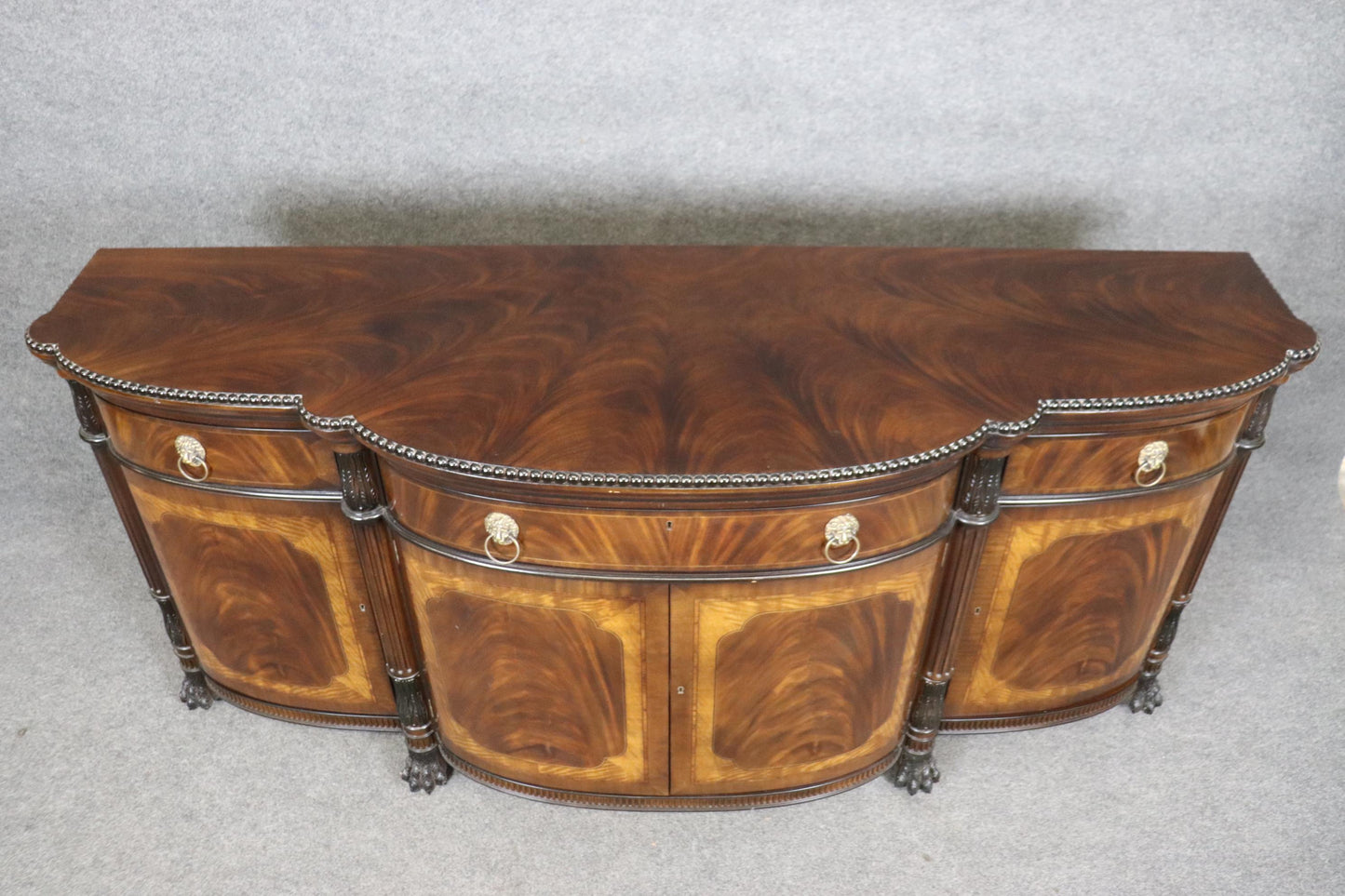 Extraordinary Grand Carved Flame Mahogany Georgian E.J. Victor Sideboard Server