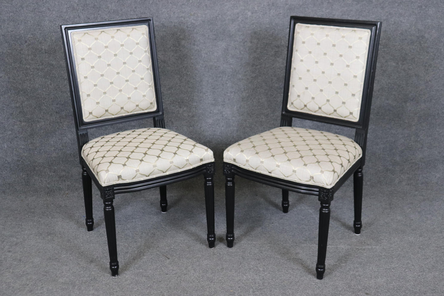 Set 8 French Louis XVI Ebonized Black Lacquer Maison Jansen Style Dining Chairs