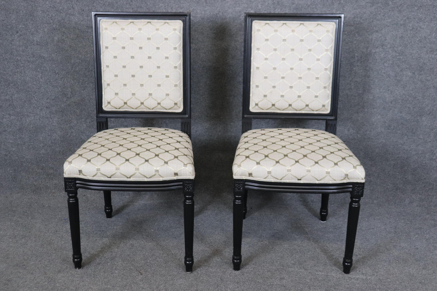 Set 8 French Louis XVI Ebonized Black Lacquer Maison Jansen Style Dining Chairs