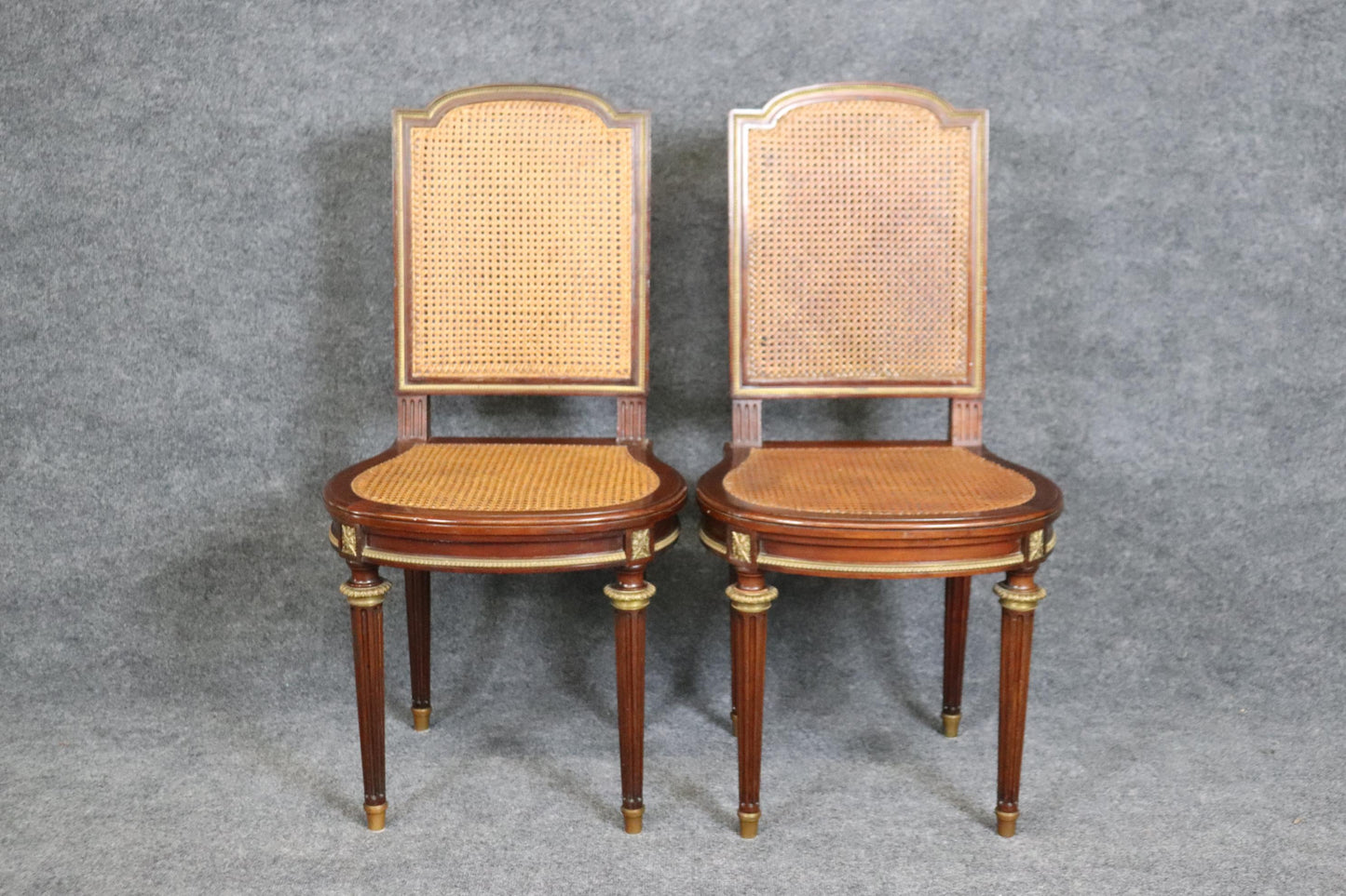 Fantastic Rare Caned Bronze Ormolu Signed Francoise Linke Pair Side Chairs