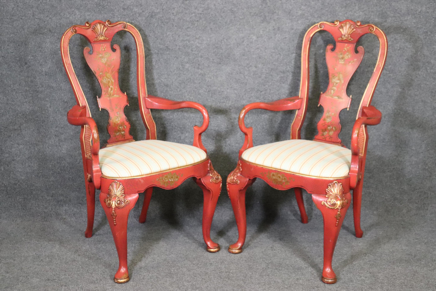 Pair of Red Chinoiserie Paint Decorated Georgian Armchairs or Dining Chairs