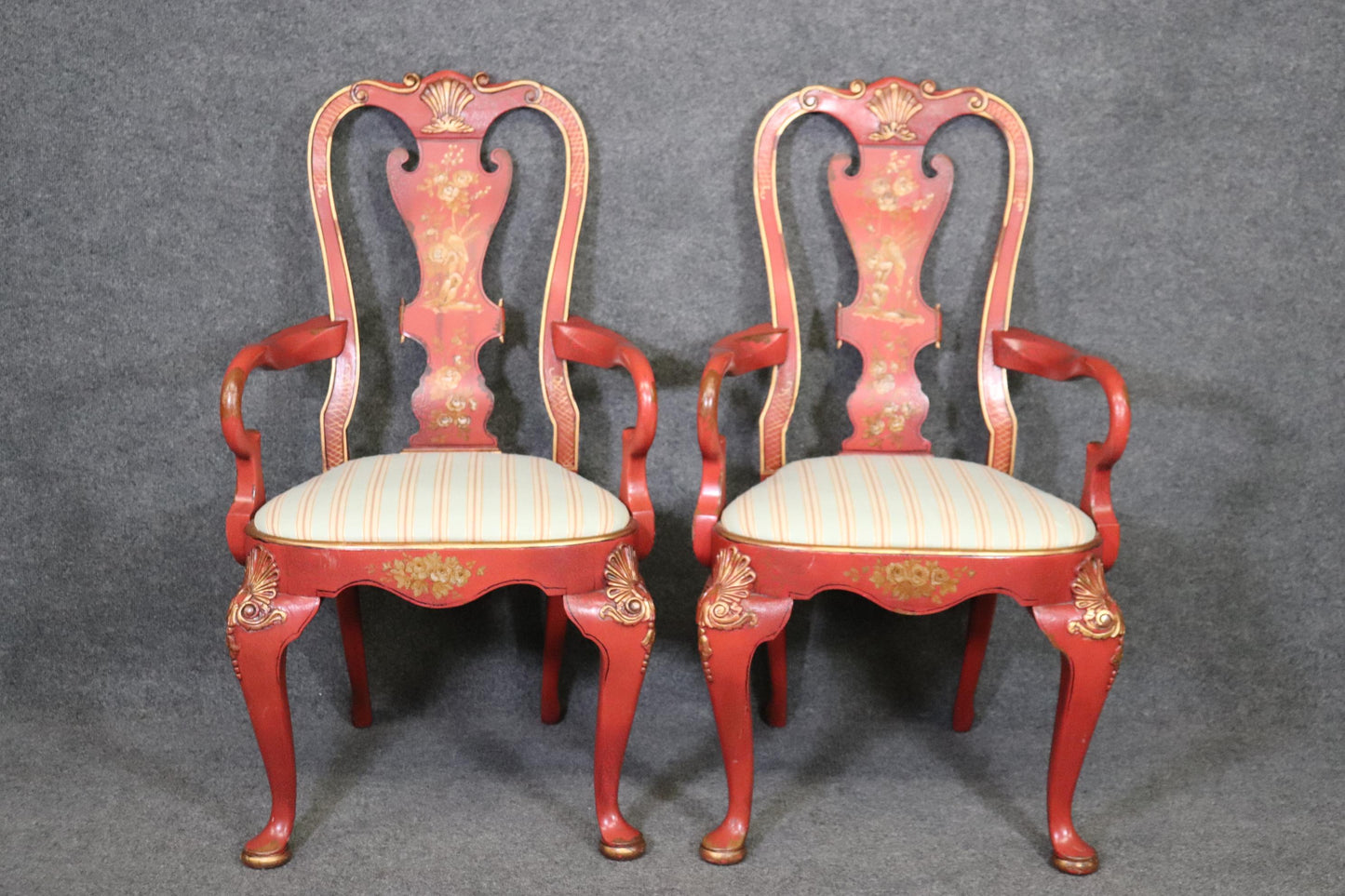 Pair of Red Chinoiserie Paint Decorated Georgian Armchairs or Dining Chairs