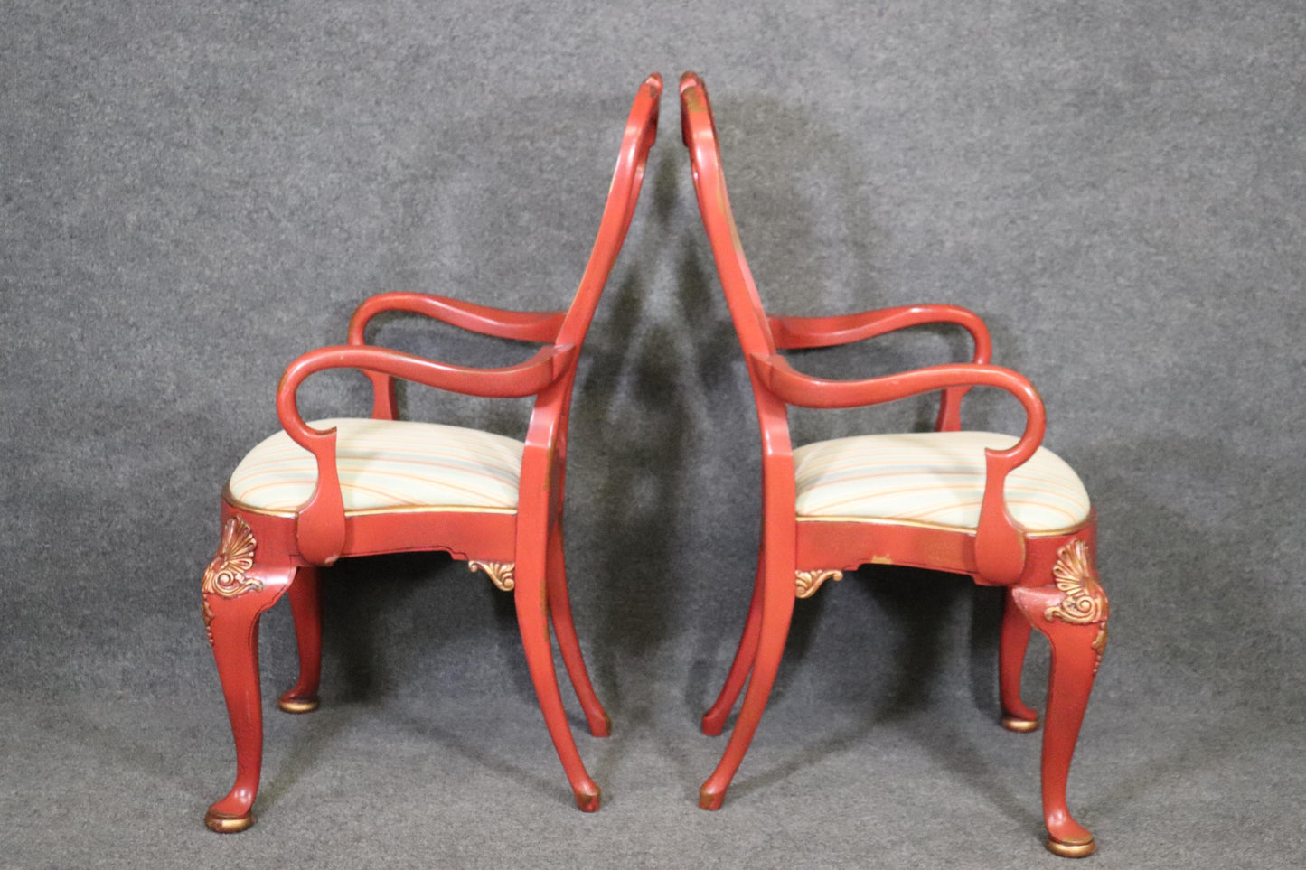 Pair of Red Chinoiserie Paint Decorated Georgian Armchairs or Dining Chairs