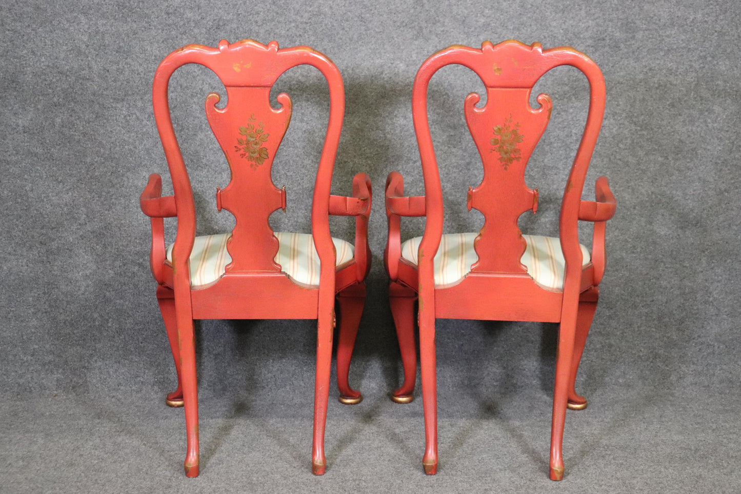 Pair of Red Chinoiserie Paint Decorated Georgian Armchairs or Dining Chairs