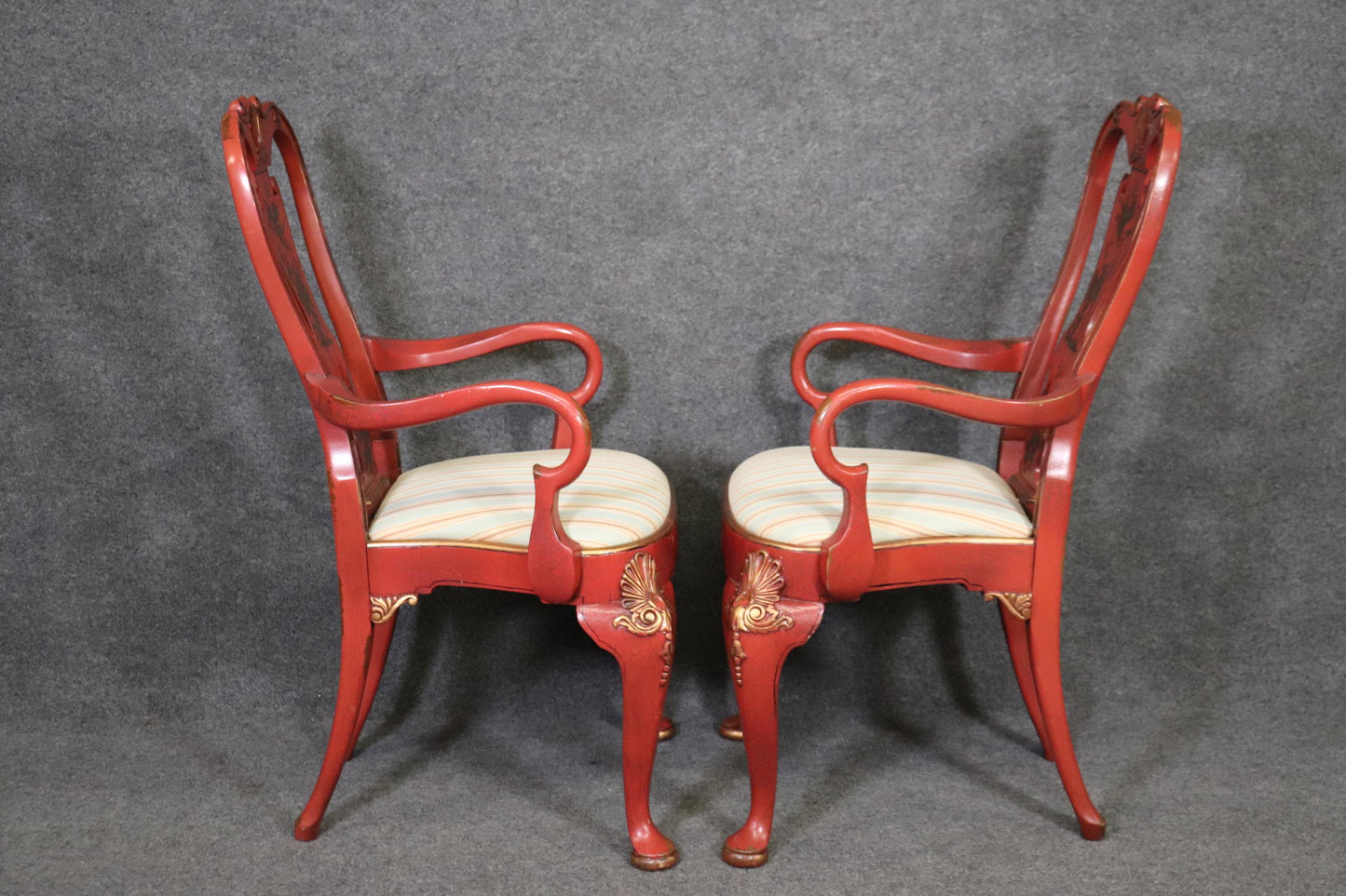 Pair of Red Chinoiserie Paint Decorated Georgian Armchairs or Dining Chairs