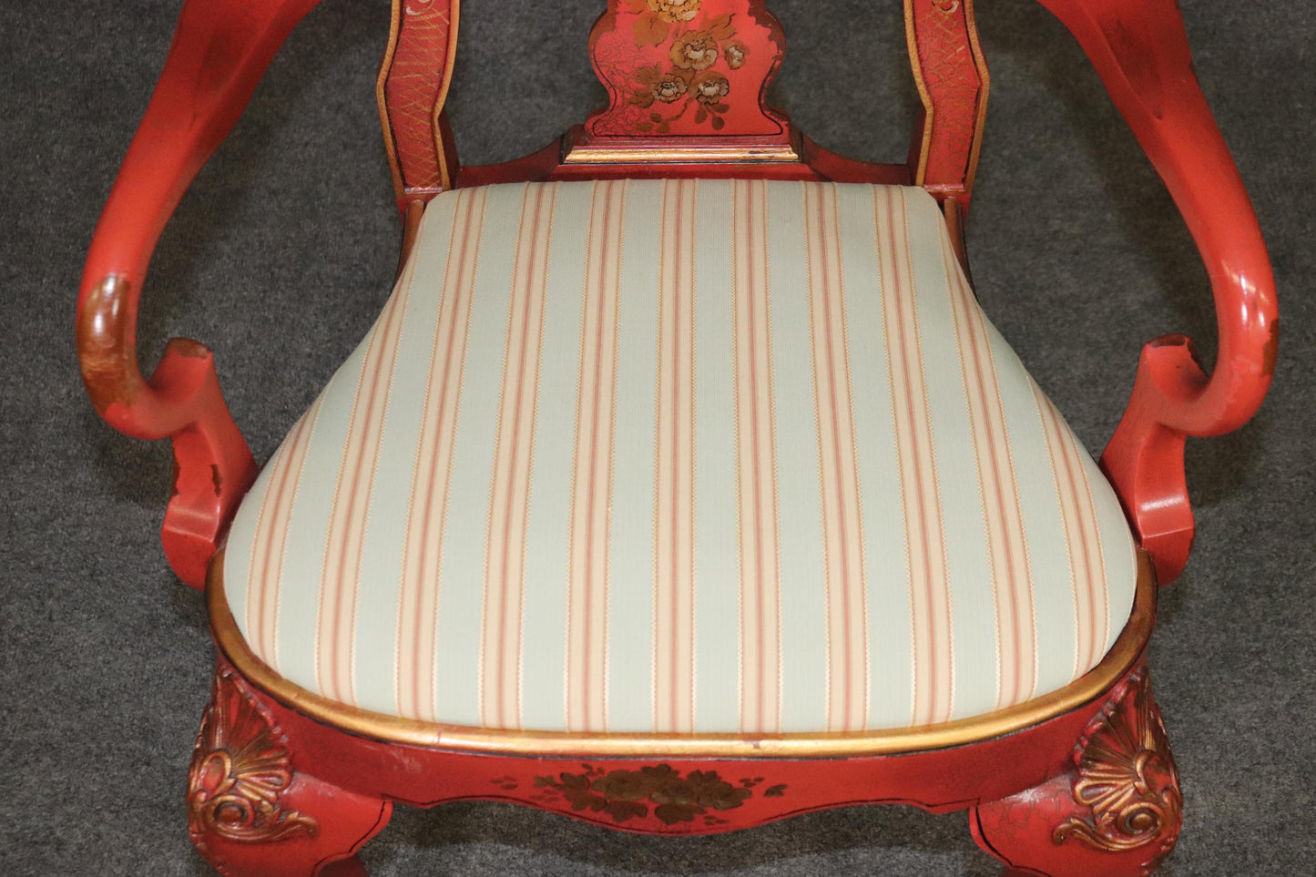 Pair of Red Chinoiserie Paint Decorated Georgian Armchairs or Dining Chairs