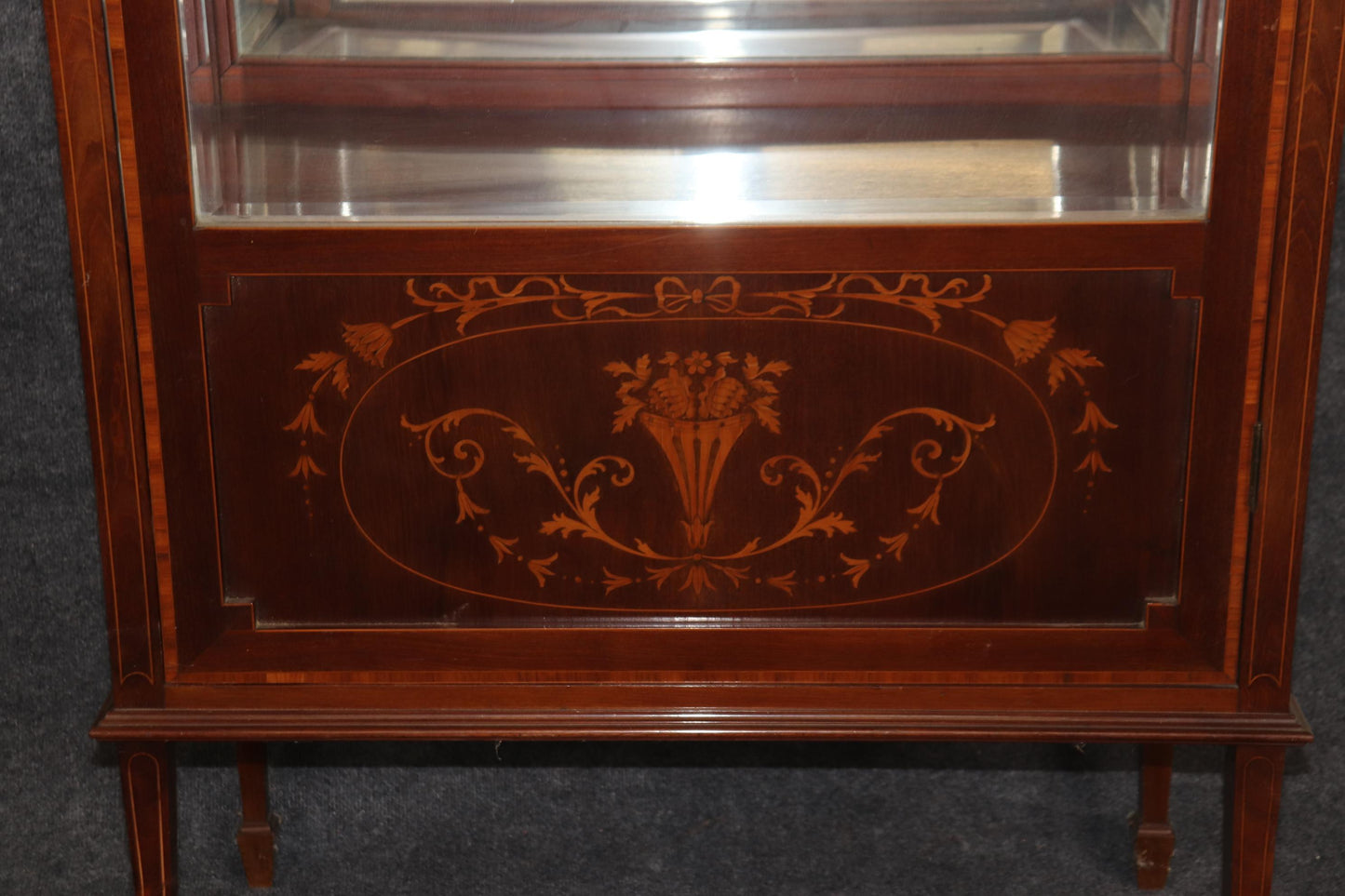 English Edwardian Inlaid Walnut and Satinwood Mirrored Vitrine Curio Cabinet