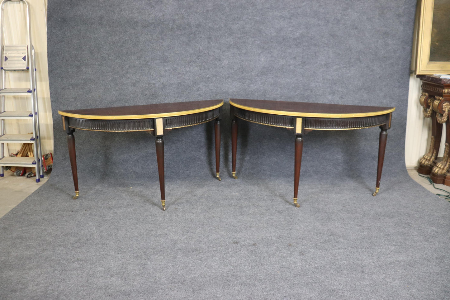 Pair Very Large French Directoire Brass Bound Mahogany Demilune Console Tables