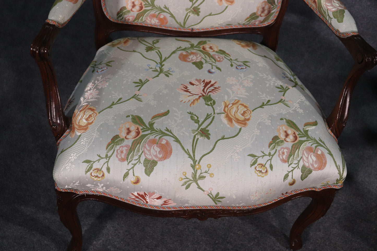 Fine Pair of French Louis XV Walnut Upholstered Open Bergère Open Armchairs