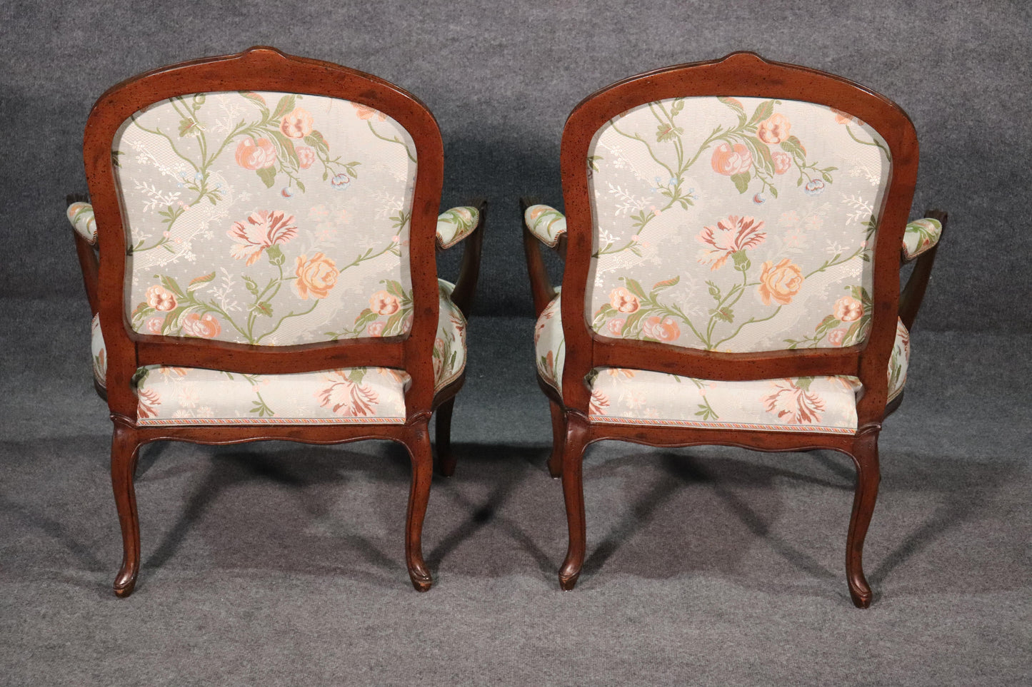 Fine Pair of French Louis XV Walnut Upholstered Open Bergère Open Armchairs