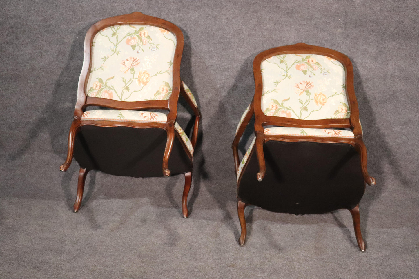 Fine Pair of French Louis XV Walnut Upholstered Open Bergère Open Armchairs