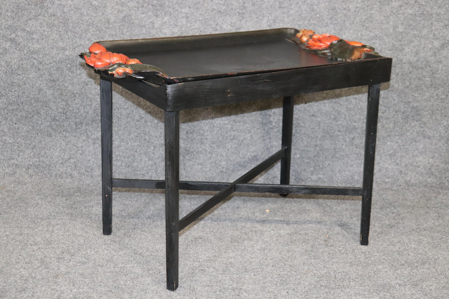 Unique Paint Decorated Ebonized Carved Italian Tray Top Coffee Table