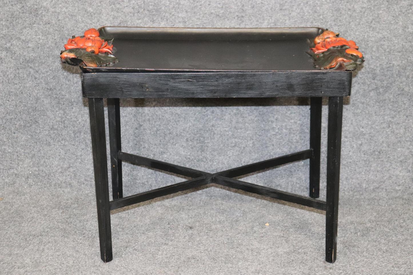 Unique Paint Decorated Ebonized Carved Italian Tray Top Coffee Table