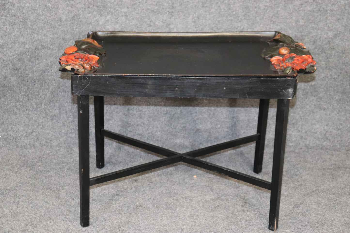 Unique Paint Decorated Ebonized Carved Italian Tray Top Coffee Table