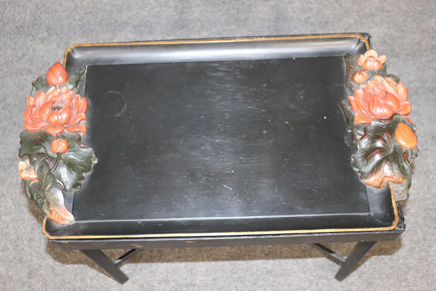 Unique Paint Decorated Ebonized Carved Italian Tray Top Coffee Table