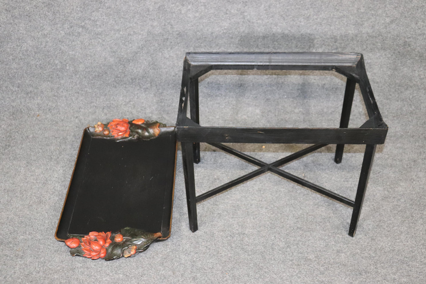 Unique Paint Decorated Ebonized Carved Italian Tray Top Coffee Table