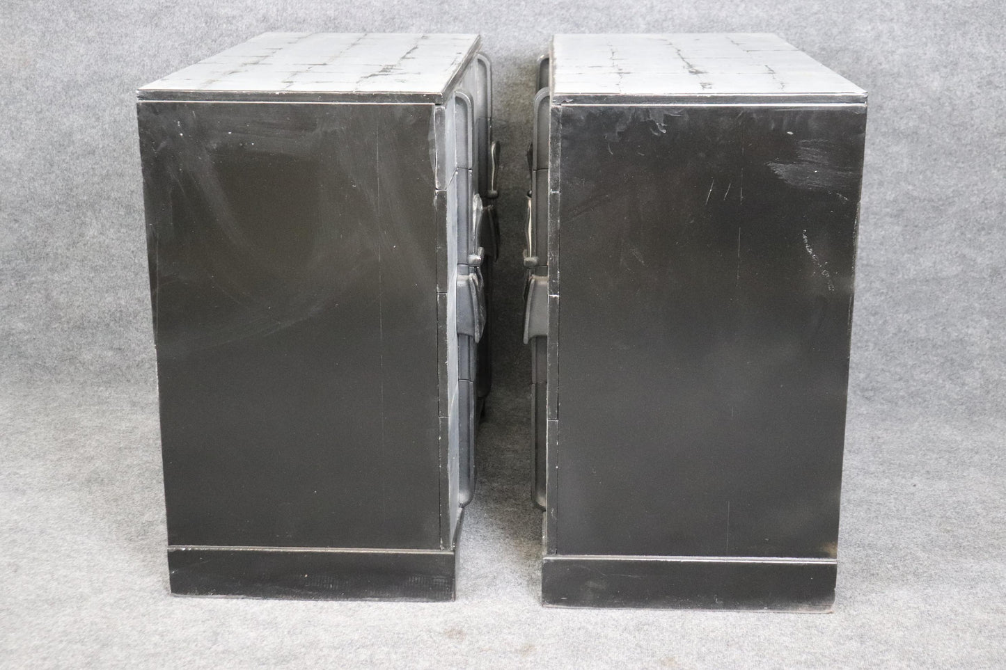 Pair of Silver Leaf Black Lacquer Cinguini attributed Dorothy Draper Commodes