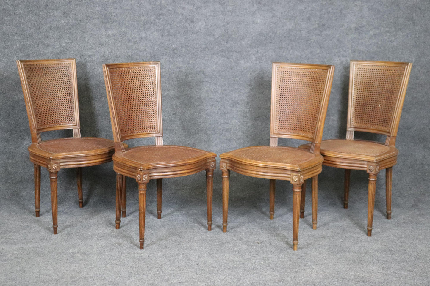 Set of 4 French Louis XVI Style Cane Dining Chairs Circa 1940