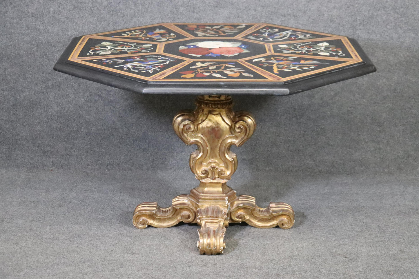 Italian Gilded Rococo Pietra Dura Inlaid Marble Top Center Table, circa 1950s