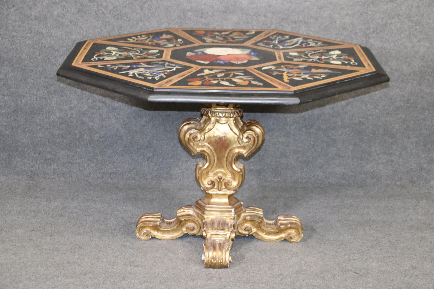 Italian Gilded Rococo Pietra Dura Inlaid Marble Top Center Table, circa 1950s