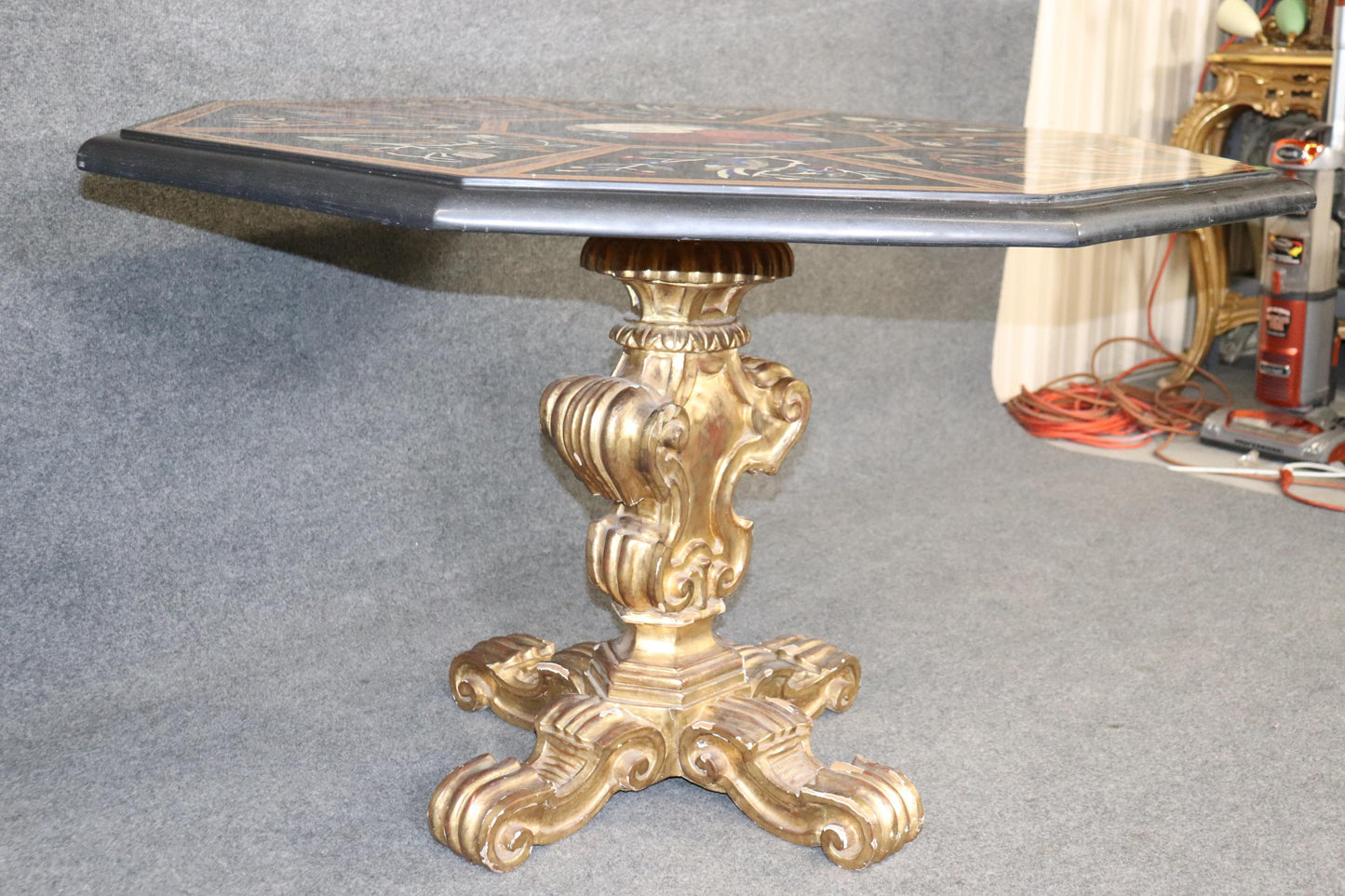 Italian Gilded Rococo Pietra Dura Inlaid Marble Top Center Table, circa 1950s