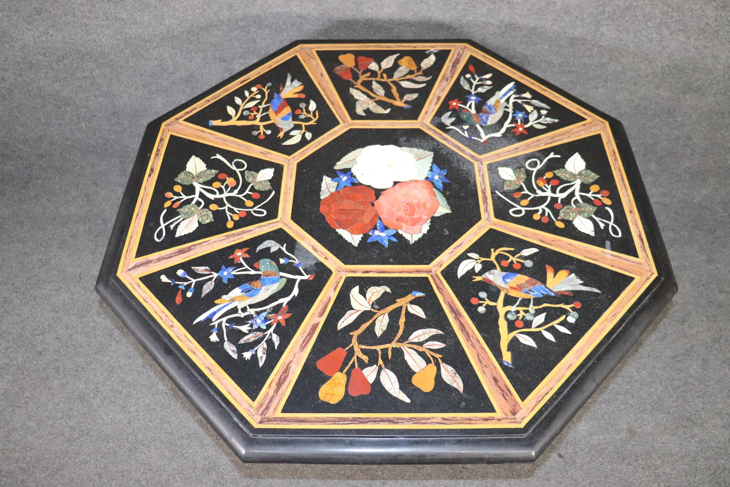 Italian Gilded Rococo Pietra Dura Inlaid Marble Top Center Table, circa 1950s