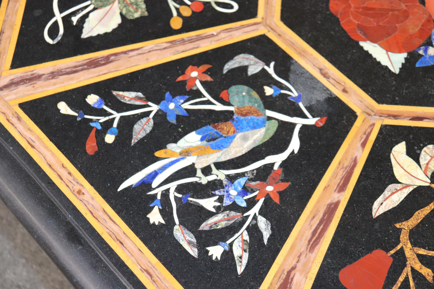 Italian Gilded Rococo Pietra Dura Inlaid Marble Top Center Table, circa 1950s