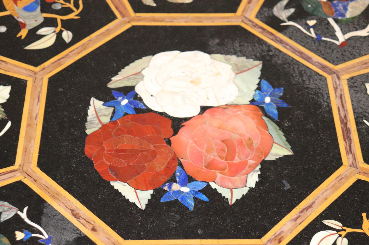 Italian Gilded Rococo Pietra Dura Inlaid Marble Top Center Table, circa 1950s