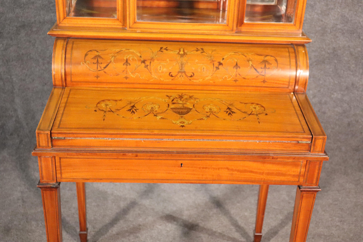 English Satinwood Adams Inlaid Secretary Desk Vitrine Top with Inkwells