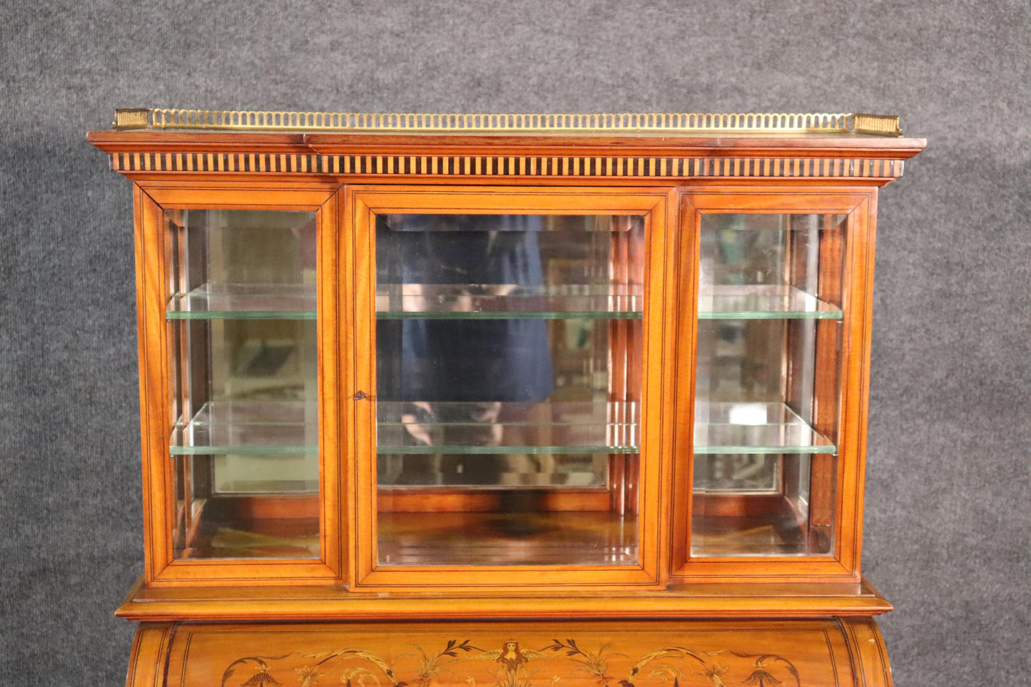 English Satinwood Adams Inlaid Secretary Desk Vitrine Top with Inkwells